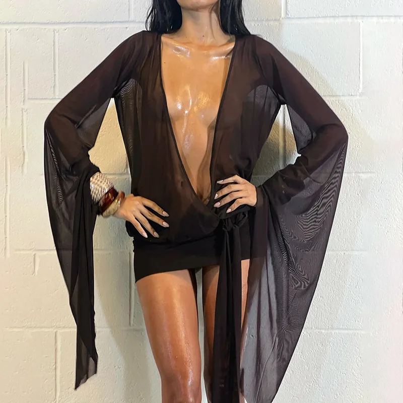 Mini Dress Sexy See Through Chic Long Sleeve Deep Low Neck Bandage Slim Vestidos Mujer Coquette Frock Women Mesh Irregular 
Mini Dress Sexy See Through Chic Long Sleeve Deep Low Neck Bandage Slim Vestidos Mujer Coquette Frock Women Mesh Irregular