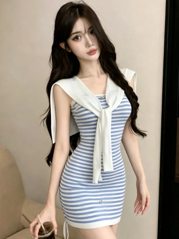 Summer New One-Shoulder Stripe Color Block Knitted Dress with Shawl Sexy Bodycon Women's Fashion Korean Style Slim Fit Short ...
Summer New One-Shoulder Stripe Color Block Knitted Dress with Shawl Sexy Bodycon Women's Fashion Korean Style Slim Fit Short ...