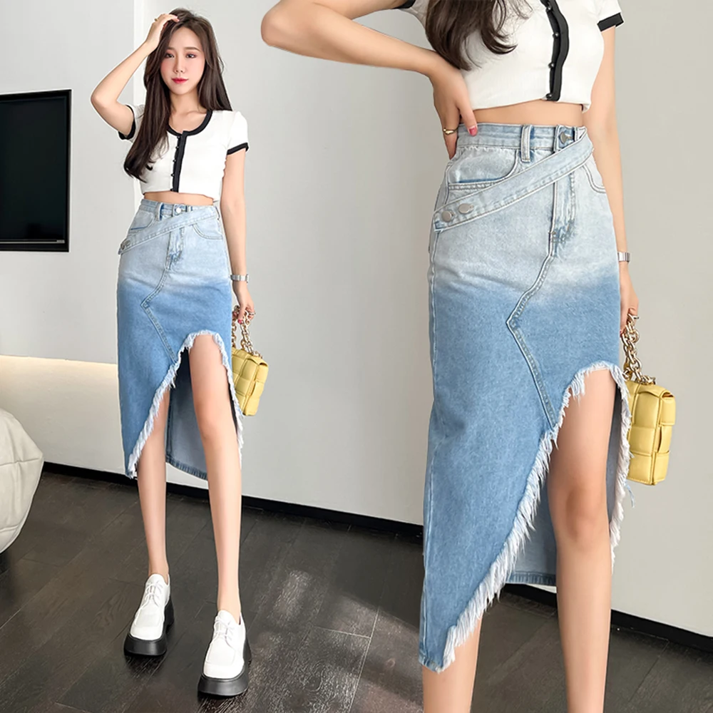 Women Denim Skirt Fashion Gradient Color High Waist Asymmetrical A-line Jeans Skirts Tassels Split Midi Skirt Casual Streetwear
Women Denim Skirt Fashion Gradient Color High Waist Asymmetrical A-line Jeans Skirts Tassels Split Midi Skirt Casual Streetwear