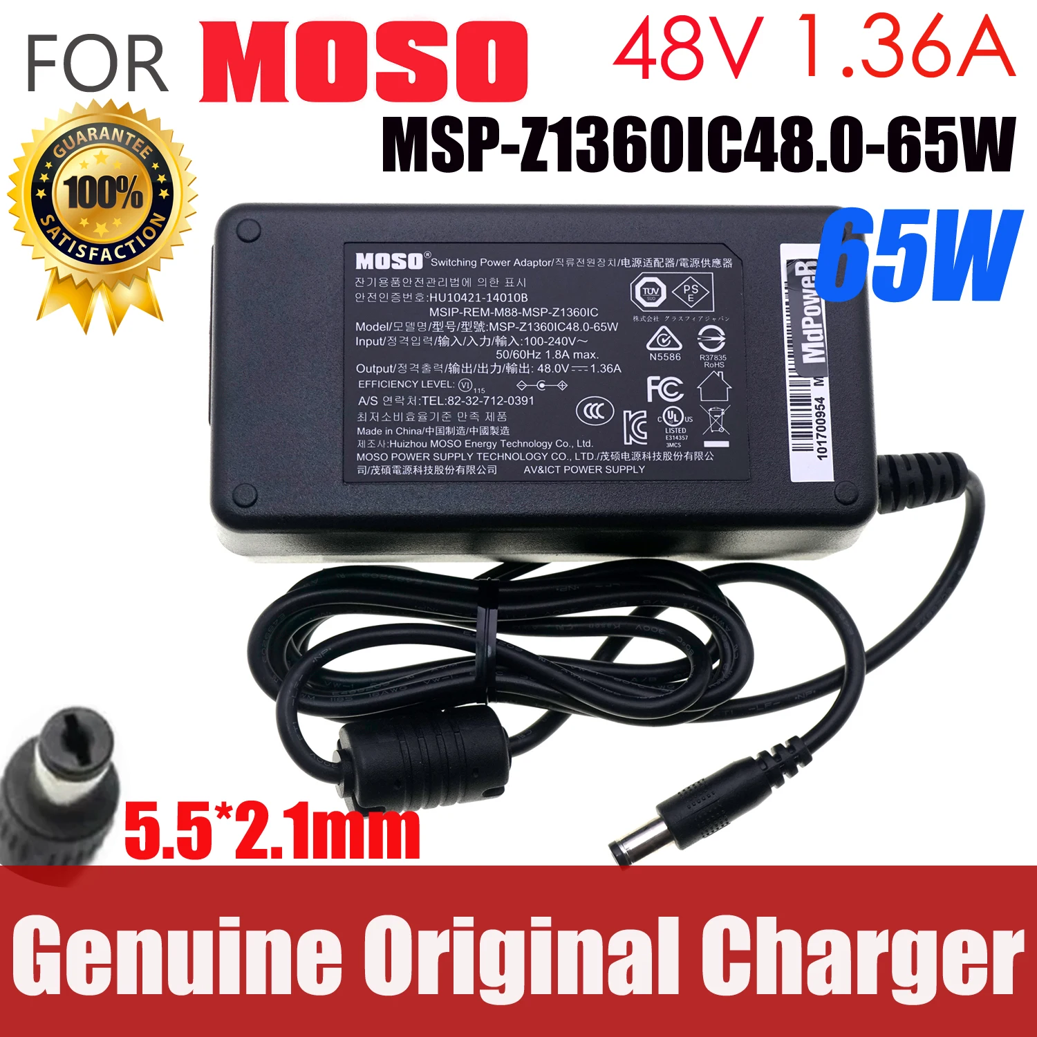 Genuine 48V 1.36A 65W MSP-Z1360IC48.0-65W HU10421-140108 AC Adapter For Hikvision MOSO Video Recorder POE Power Supply Charger
Genuine 48V 1.36A 65W MSP-Z1360IC48.0-65W HU10421-140108 AC Adapter For Hikvision MOSO Video Recorder POE Power Supply Charger