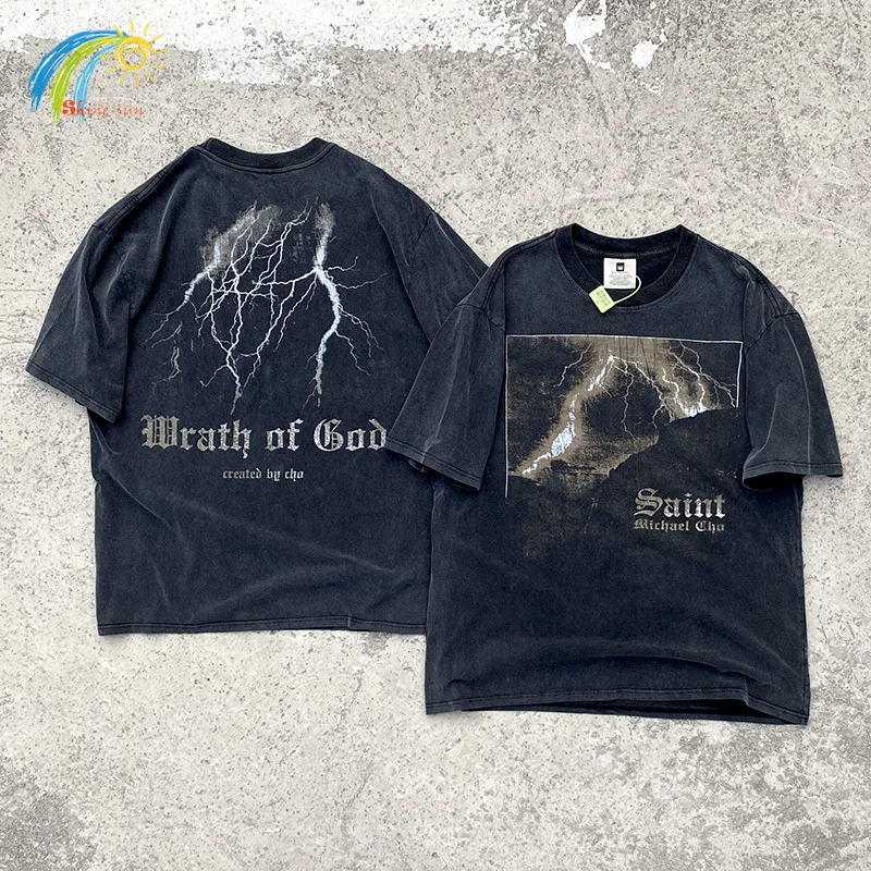 Hip Hop Lightning Printing Saint T-Shirt Men Women Streetwear Vintage Washed Black T Shirt High Quality Cotton Tee
Hip Hop Lightning Printing Saint T-Shirt Men Women Streetwear Vintage Washed Black T Shirt High Quality Cotton Tee