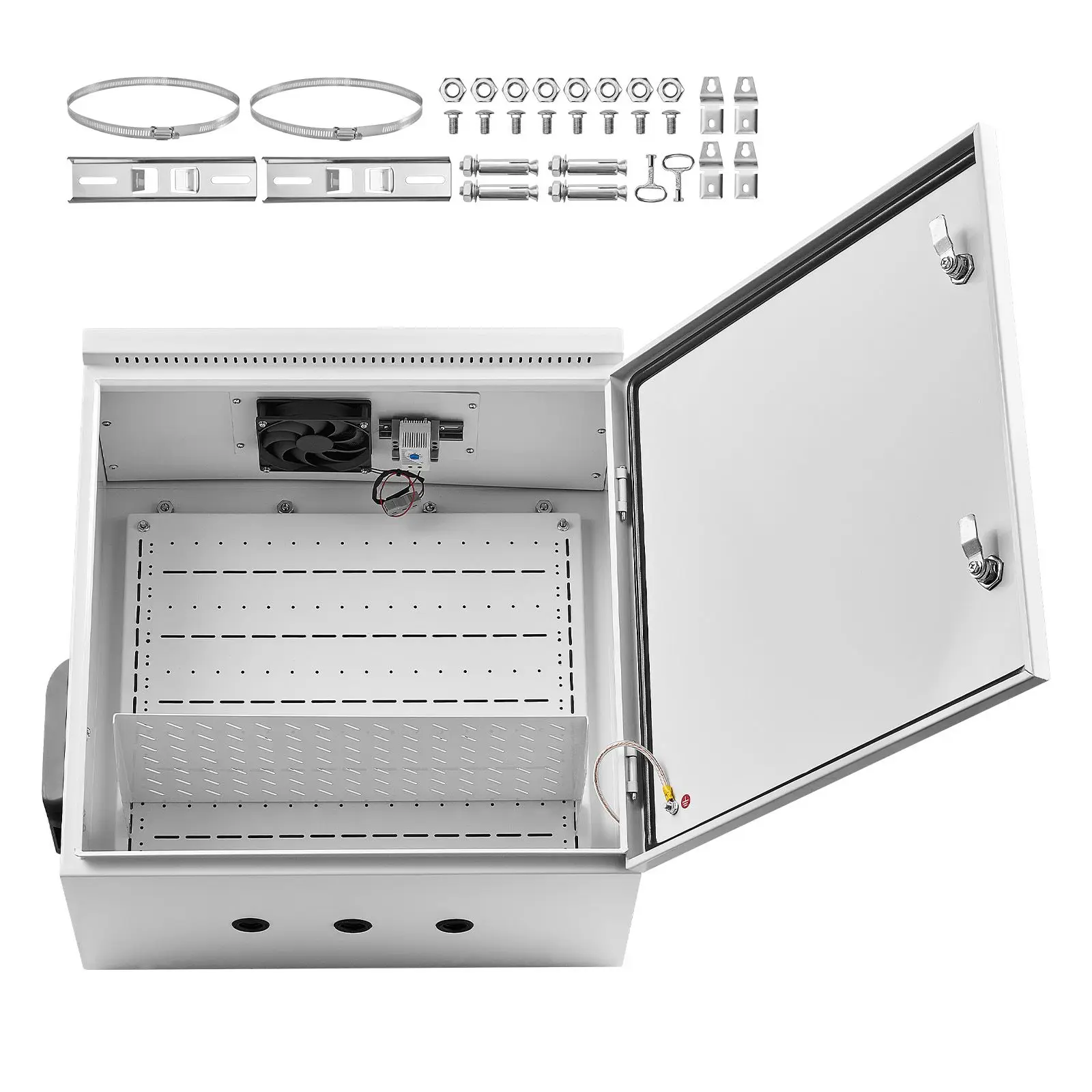 Outdoor Electrical Box, Cold-Rolled Steel, Electrical Junction Box with Thermostat and Fan, Rain Hood, Ventilated Design, IP65 Waterproof Hinged Enclosure, Wall/Pole Mounted, 24 x 24 x 12 in
Outdoor Electrical Box, Cold-Rolled Steel, Electrical Junction Box with Thermostat and Fan, Rain Hood, Ventilated Design, IP65 Waterproof Hinged Enclosure, Wall/Pole Mounted, 24 x 24 x 12 in