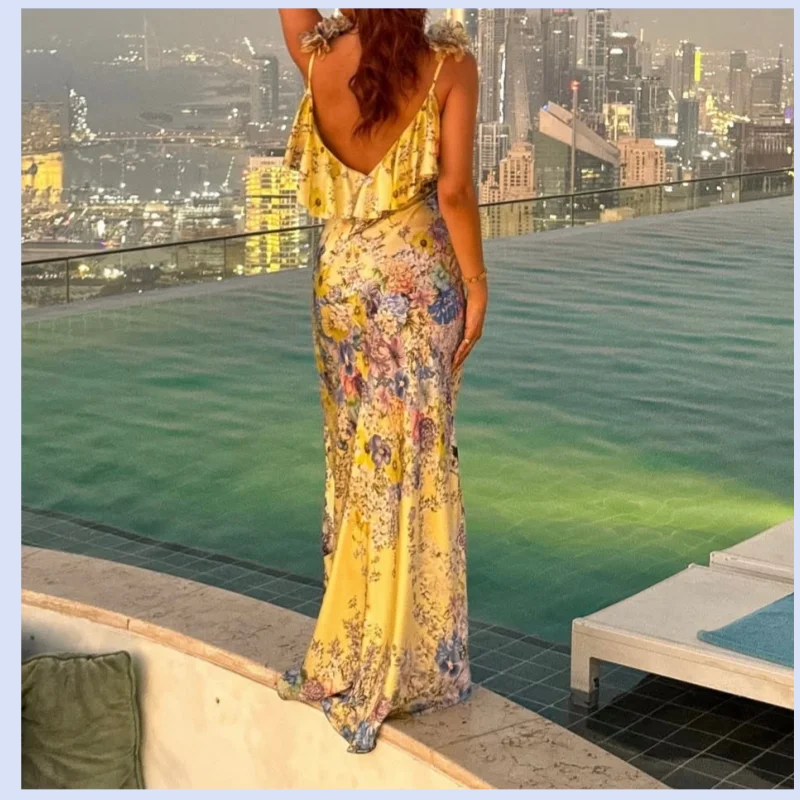 Australian niche silk yellow printed holiday women's diamond studded ethnic style suspender dress
Australian niche silk yellow printed holiday women's diamond studded ethnic style suspender dress