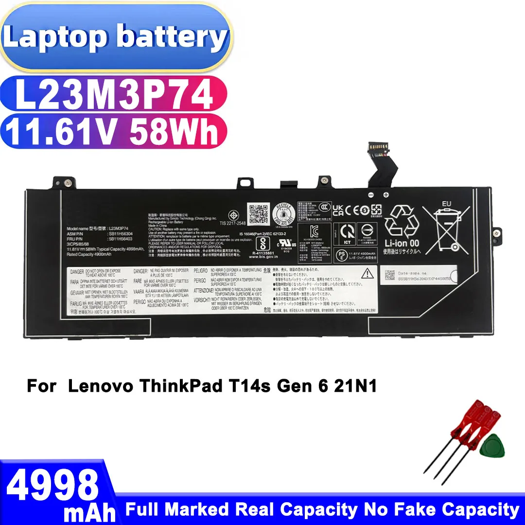 Replacement Laptop Battery L23M3P74 L23D3P74 11.61V 58Wh 4998mAh Compatible with Lenovo ThinkPad T14s Gen 6 21N1
Replacement Laptop Battery L23M3P74 L23D3P74 11.61V 58Wh 4998mAh Compatible with Lenovo ThinkPad T14s Gen 6 21N1