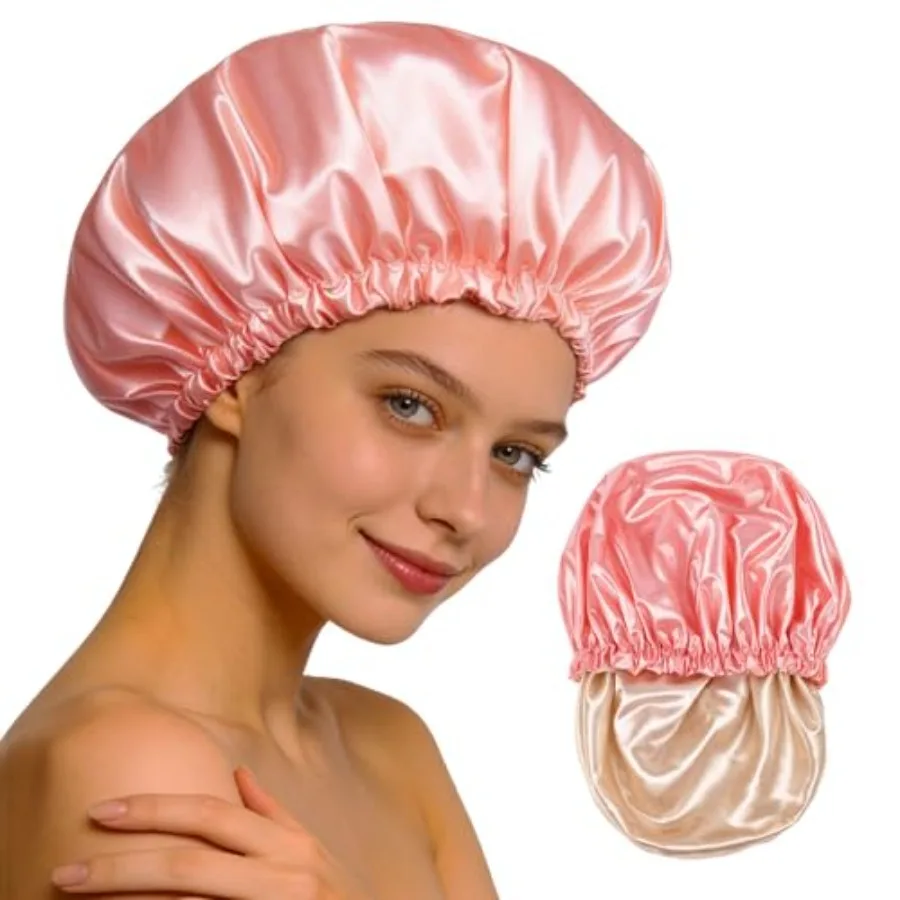 Reusable Double Layer Satin Lined Shower Cap, Waterproof Bath Cap with Soft Satin Interior for Frizz Control, Elastic Band for
Reusable Double Layer Satin Lined Shower Cap, Waterproof Bath Cap with Soft Satin Interior for Frizz Control, Elastic Band for