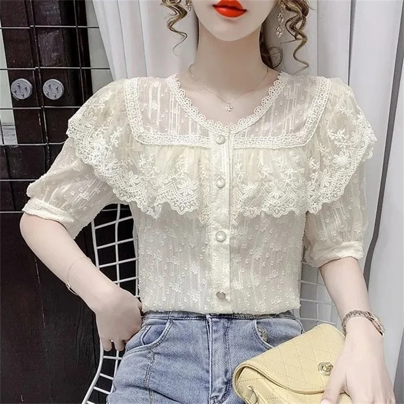 2026 женские рубашки, блузка в корейском стиле, летняя мода, кружевная шифоновая рубашка с рюшами и короткими рукавами, цветочный дизайн
2026 женские рубашки, блузка в корейском стиле, летняя мода, кружевная шифоновая рубашка с рюшами и короткими рукавами, цветочный дизайн