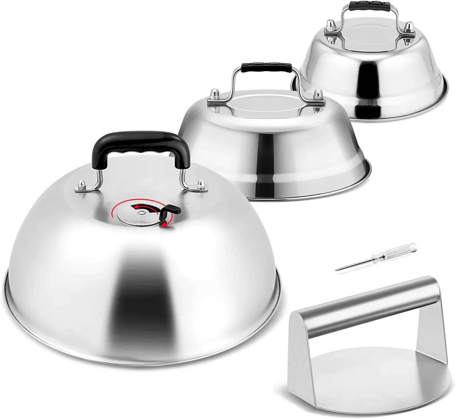 3Pcs Basting Cover & Smash Burger Press, 12"- 9"- 6.5" Cheese Melting Dome, Bacon Press Griddle Dome Steam Lids Sm
3Pcs Basting Cover & Smash Burger Press, 12"- 9"- 6.5" Cheese Melting Dome, Bacon Press Griddle Dome Steam Lids Sm