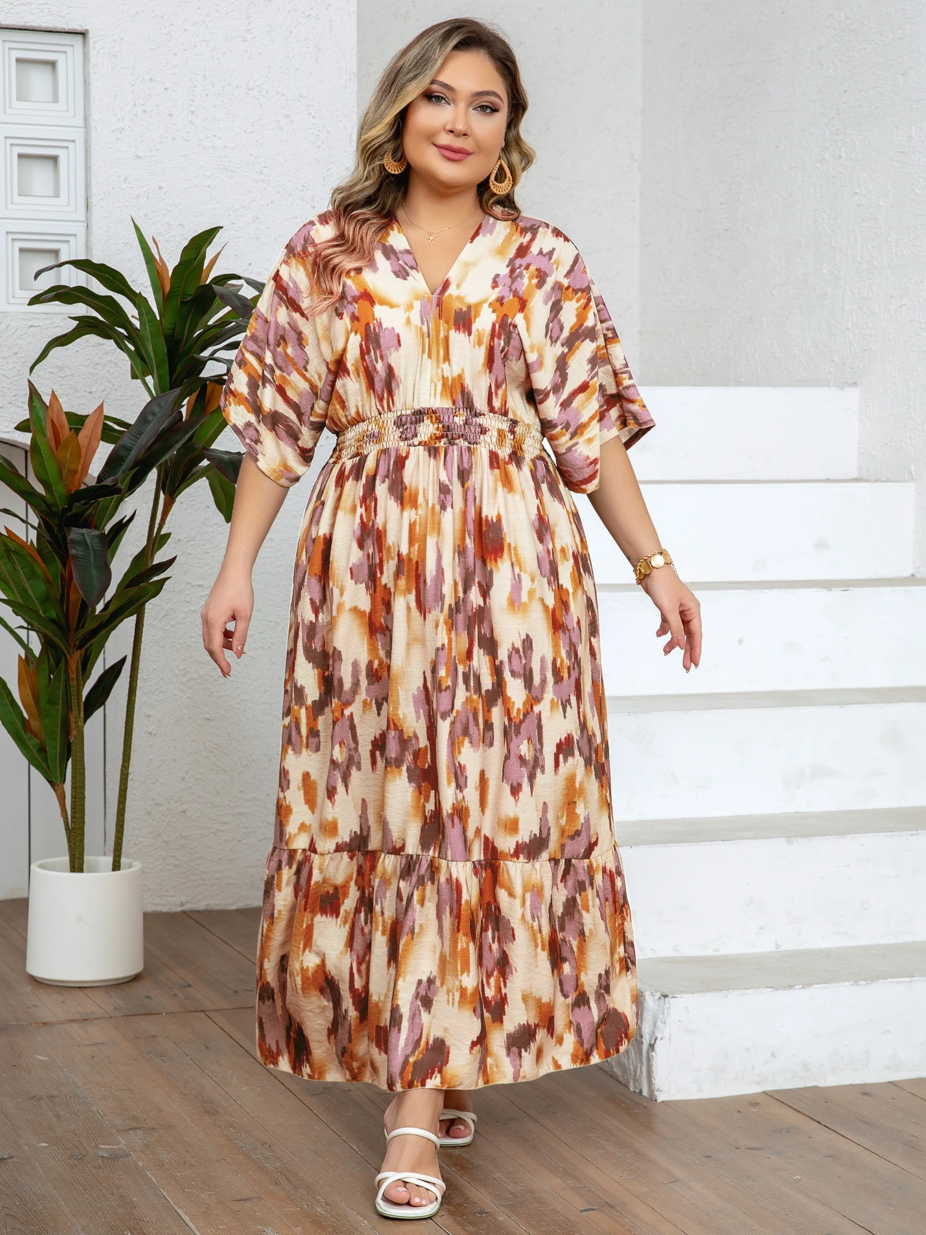 Plus Size Tie Dye Print V Neck Batwing Short Sleeve Elastic Waist Tiered Maxi Dress For Women
Plus Size Tie Dye Print V Neck Batwing Short Sleeve Elastic Waist Tiered Maxi Dress For Women
