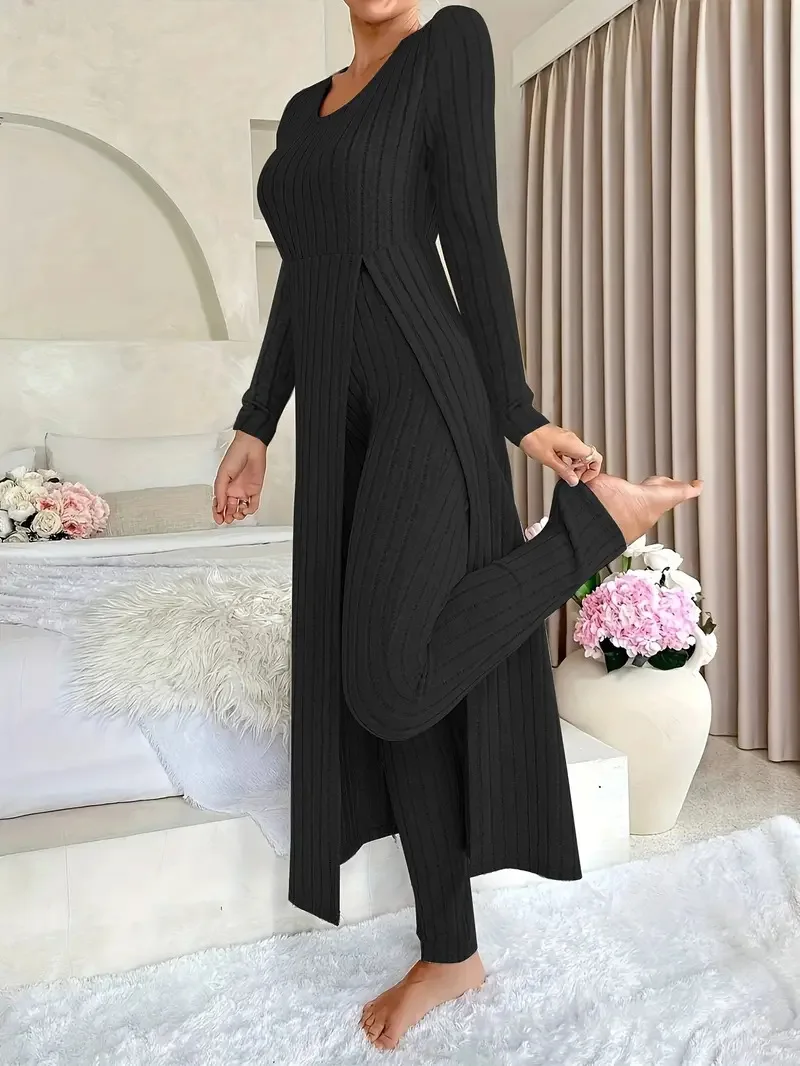 New Women's Trousers Set Autumn Winter Solid Color Loose Casual Daily Home Pant Sets Long Round Neck Slit Top Trousers Two-piece
New Women's Trousers Set Autumn Winter Solid Color Loose Casual Daily Home Pant Sets Long Round Neck Slit Top Trousers Two-piece