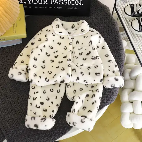 2026 New Floral Leopard Print Warm Toddler Homewear Boys Girls Cardigan Sleepwear Winter Kids Flannel Pajamas Set
