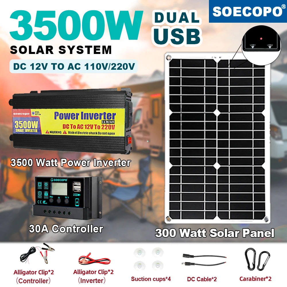 3500W Solar System Kit 3500W Inverter DC 12V to AC 220V 300W Solar Panel 30A Charge Controller for Home RV Camping Outdoor Use
3500W Solar System Kit 3500W Inverter DC 12V to AC 220V 300W Solar Panel 30A Charge Controller for Home RV Camping Outdoor Use