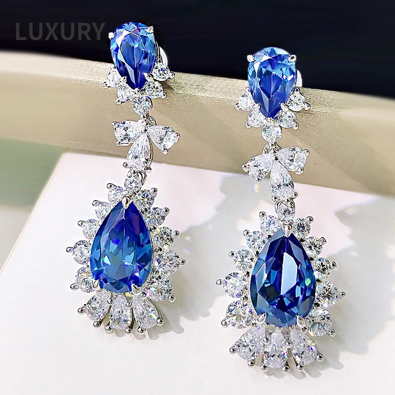 Luxury 100% S925 Sterling Silver Solid Water Drop Sapphire Diamond Long Earrings For Women's Wedding Anniversary Party Jewelry
Luxury 100% S925 Sterling Silver Solid Water Drop Sapphire Diamond Long Earrings For Women's Wedding Anniversary Party Jewelry