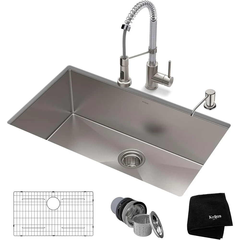 30 Inch Stainless Steel Kitchen Sink Set with Commercial Faucet Soap Dispenser Drain Assembly Bottom Grid Kitchen Towel
30 Inch Stainless Steel Kitchen Sink Set with Commercial Faucet Soap Dispenser Drain Assembly Bottom Grid Kitchen Towel