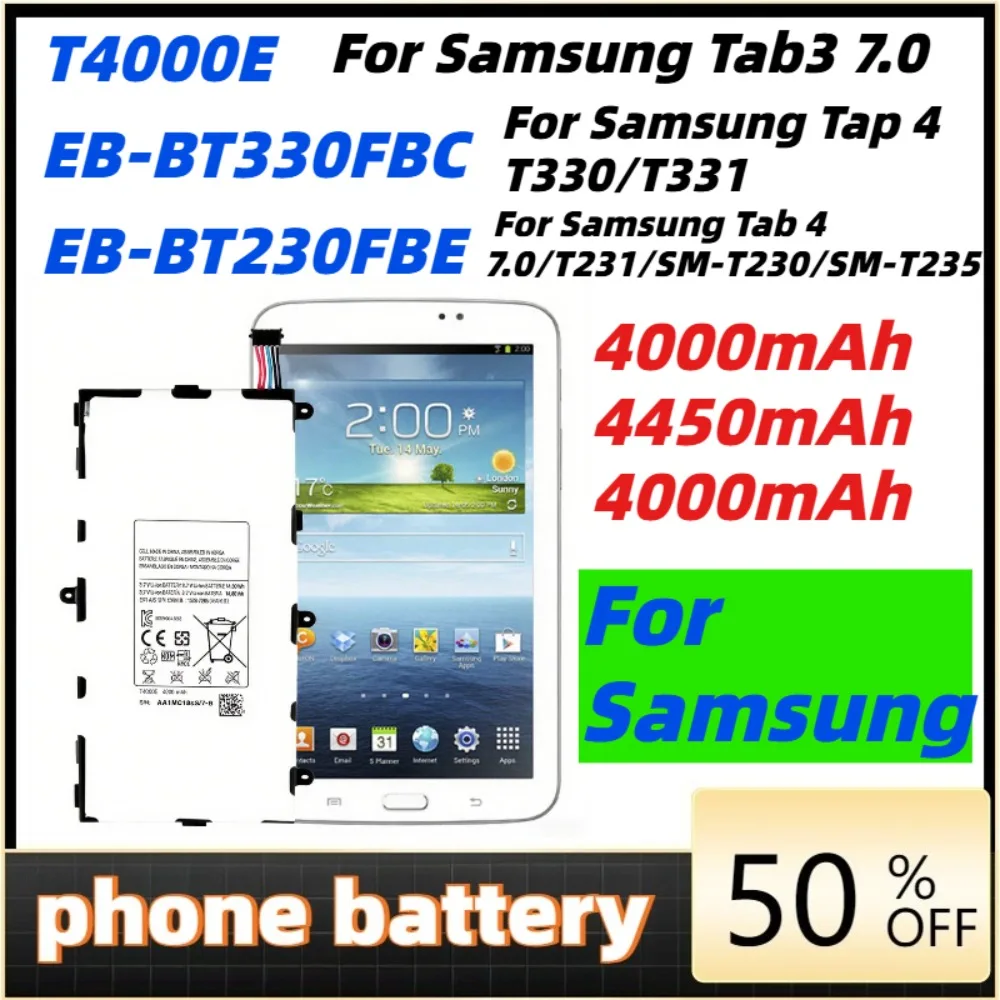 T4000E BT330FBE BT230FBE Tablet Battery For Samsung Galaxy Tab 3 7.0'' T211 /Tab 4 8.0 T330/Tab 4 7.0" /Tab 3 Lite
T4000E BT330FBE BT230FBE Tablet Battery For Samsung Galaxy Tab 3 7.0'' T211 /Tab 4 8.0 T330/Tab 4 7.0" /Tab 3 Lite