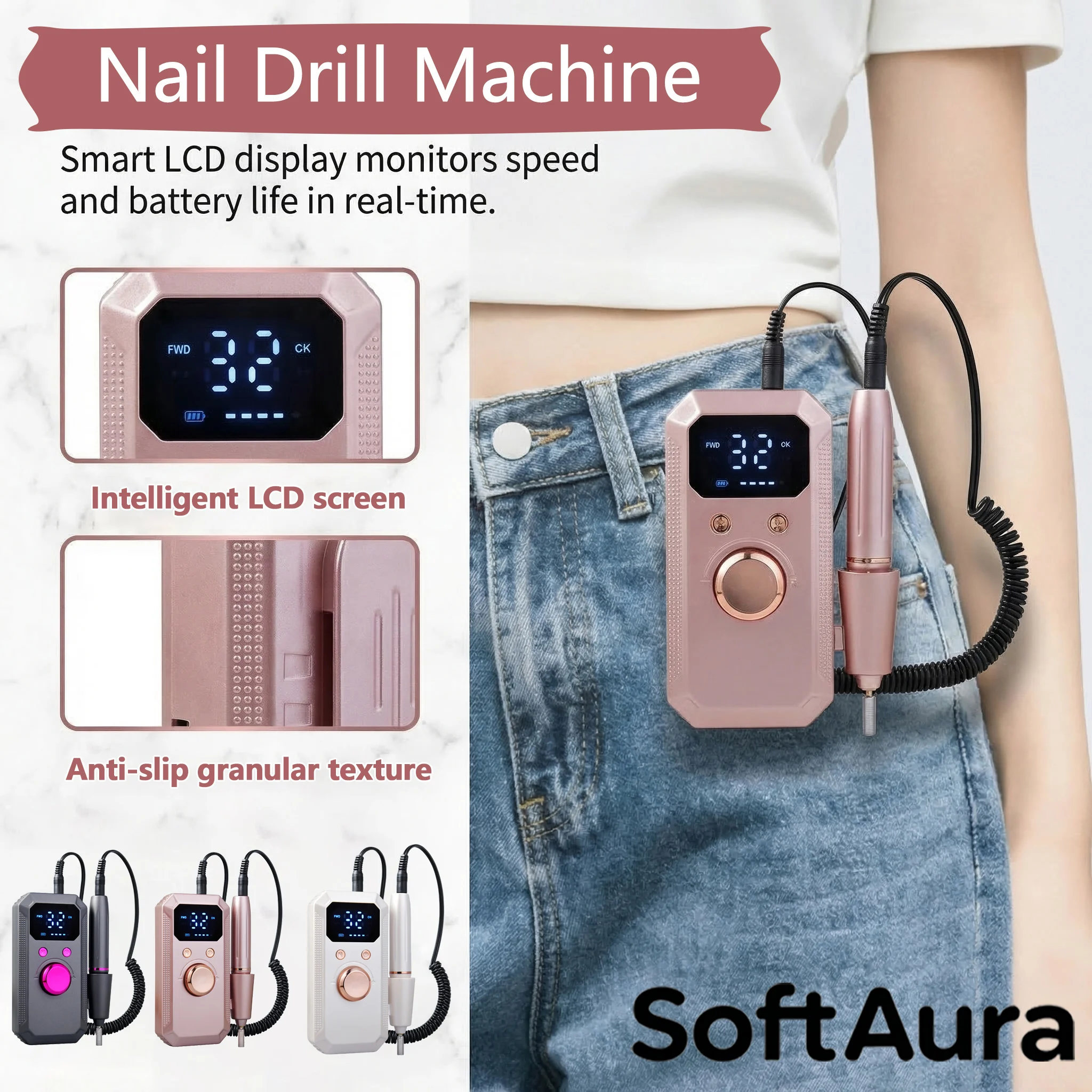 SoftAura Professional Rechargeable Electric Nail Drill Kit 32000RPM Portable Cordless File for Acrylic Gel Nails Removal
SoftAura Professional Rechargeable Electric Nail Drill Kit 32000RPM Portable Cordless File for Acrylic Gel Nails Removal