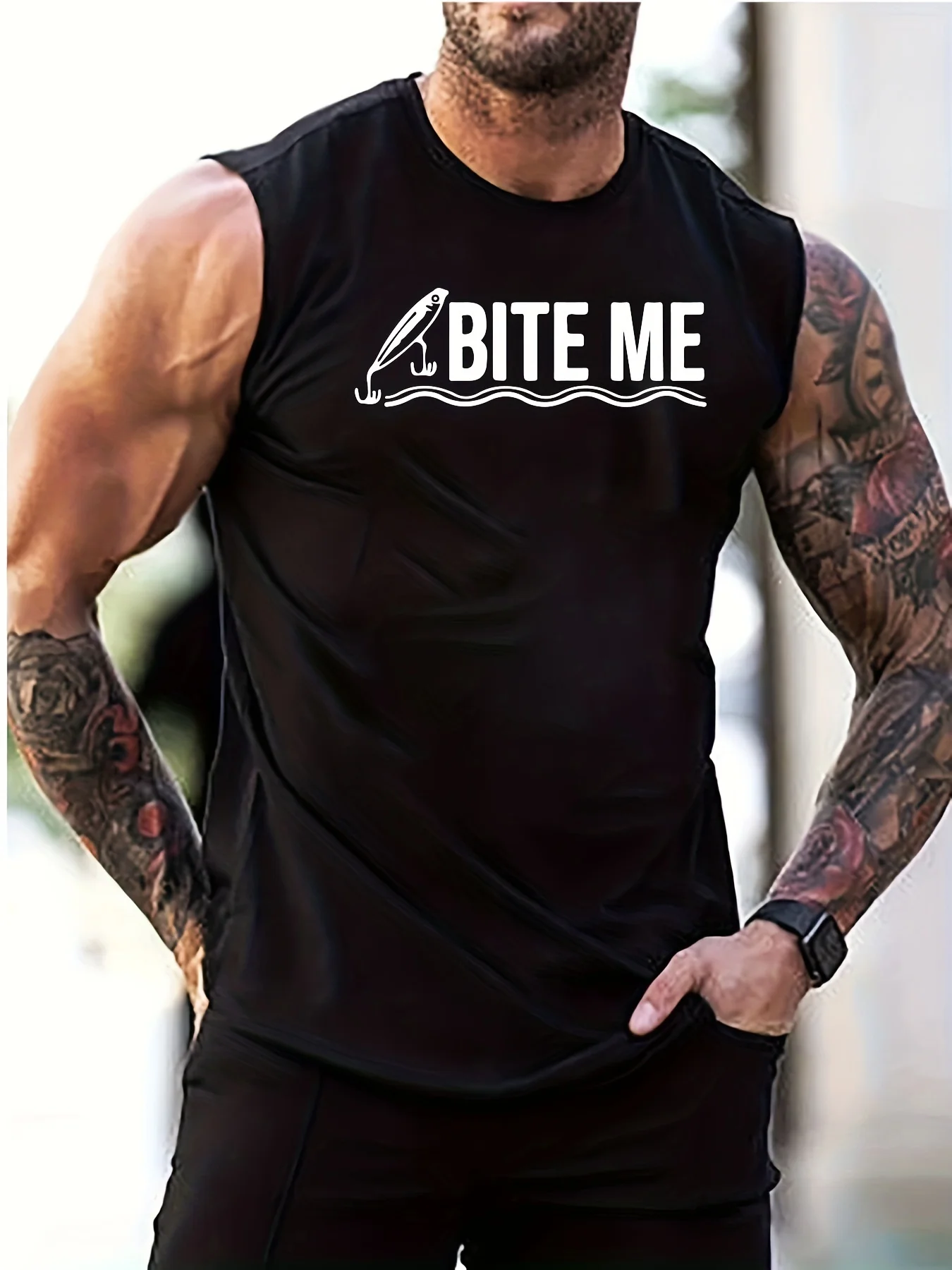 Men's "Bite Me" printed casual sports crew-neck sleeveless T-shirt vest is suitable for spring and summer.
Men's "Bite Me" printed casual sports crew-neck sleeveless T-shirt vest is suitable for spring and summer.
