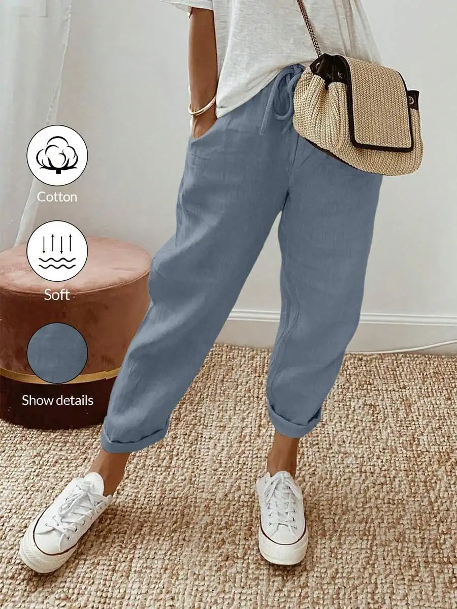 Women's Cotton Drawstring Waist Loose Casual Pants with Slanted Pockets
Women's Cotton Drawstring Waist Loose Casual Pants with Slanted Pockets