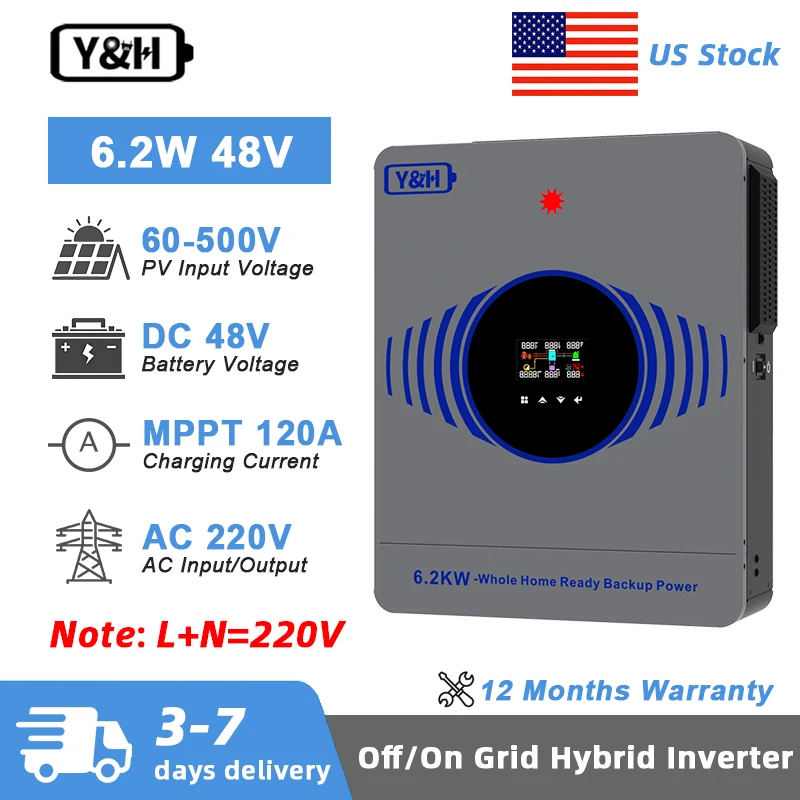 Гибридный солнечный инвертор Y&H 6.2 кВт/4.2 кВт 2026 года, 24В/48В/220В, для работы с сетью и автономно, с функцией работы без батарей и солнечным зарядным устройством MPPT 120А
Гибридный солнечный инвертор Y&H 6.2 кВт/4.2 кВт 2026 года, 24В/48В/220В, для работы с сетью и автономно, с функцией работы без батарей и солнечным зарядным устройством MPPT 120А