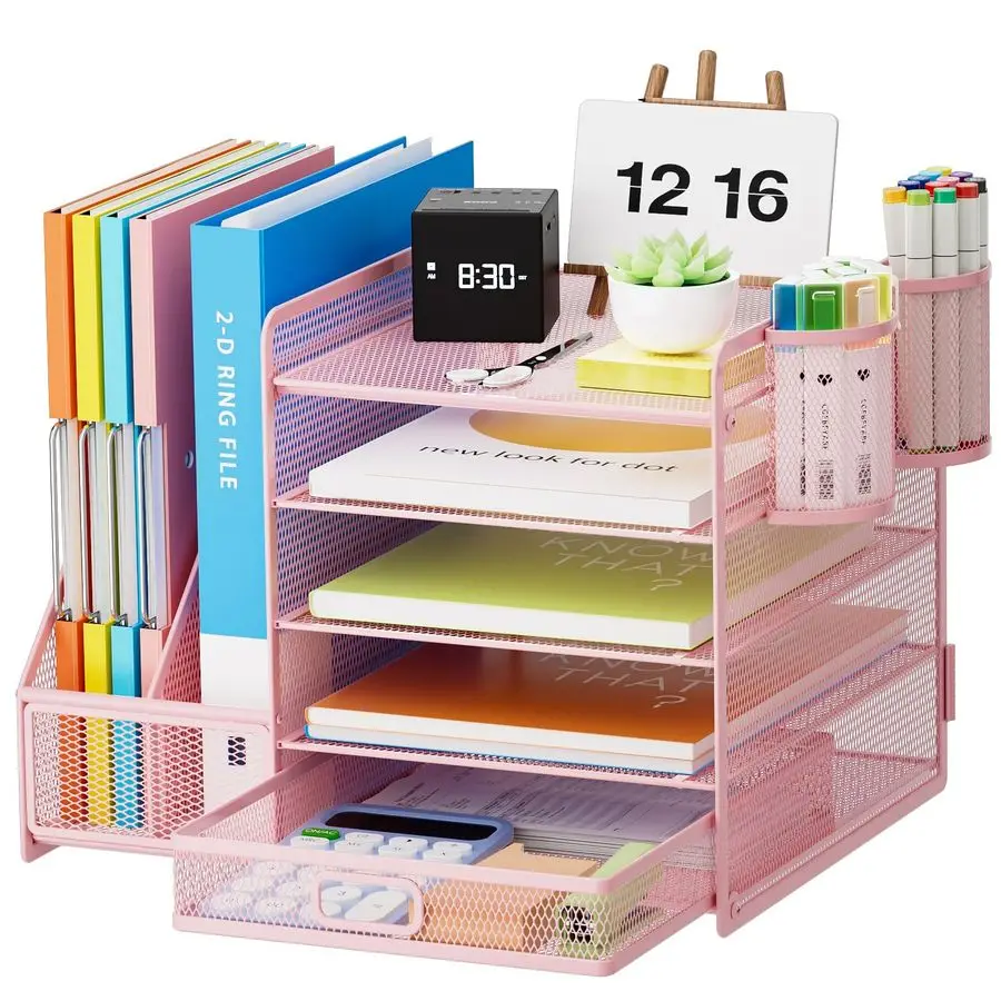 Desk Organizer with File Holder, 5Tier Paper Letter Tray Organizer with Drawer and 2 Pen Holder, Mesh Desktop Organizer and Stor
Desk Organizer with File Holder, 5Tier Paper Letter Tray Organizer with Drawer and 2 Pen Holder, Mesh Desktop Organizer and Stor