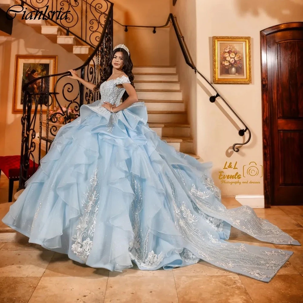 Light Blue Beading Ruffles Ball Gown Quinceanera Dresses Off The Shoulder Sequined Appliques Lace Corset Vestidos De 15 Años
Light Blue Beading Ruffles Ball Gown Quinceanera Dresses Off The Shoulder Sequined Appliques Lace Corset Vestidos De 15 Años