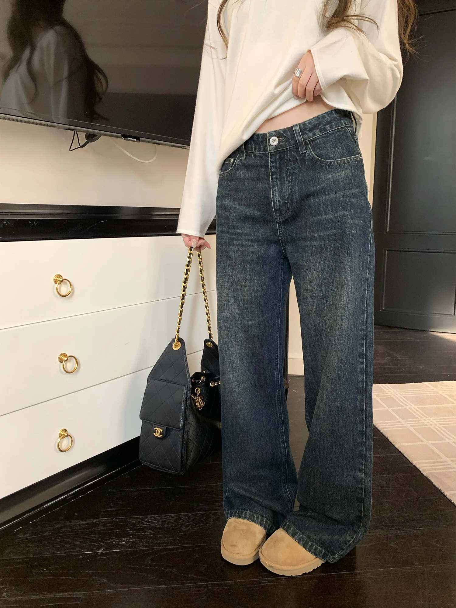 High Waist Straight Leg Jeans Deep Blue Women's Early Spring New Style Slimming Versatile Drapey Hhyii Retro Style Ladies Jeans
High Waist Straight Leg Jeans Deep Blue Women's Early Spring New Style Slimming Versatile Drapey Hhyii Retro Style Ladies Jeans