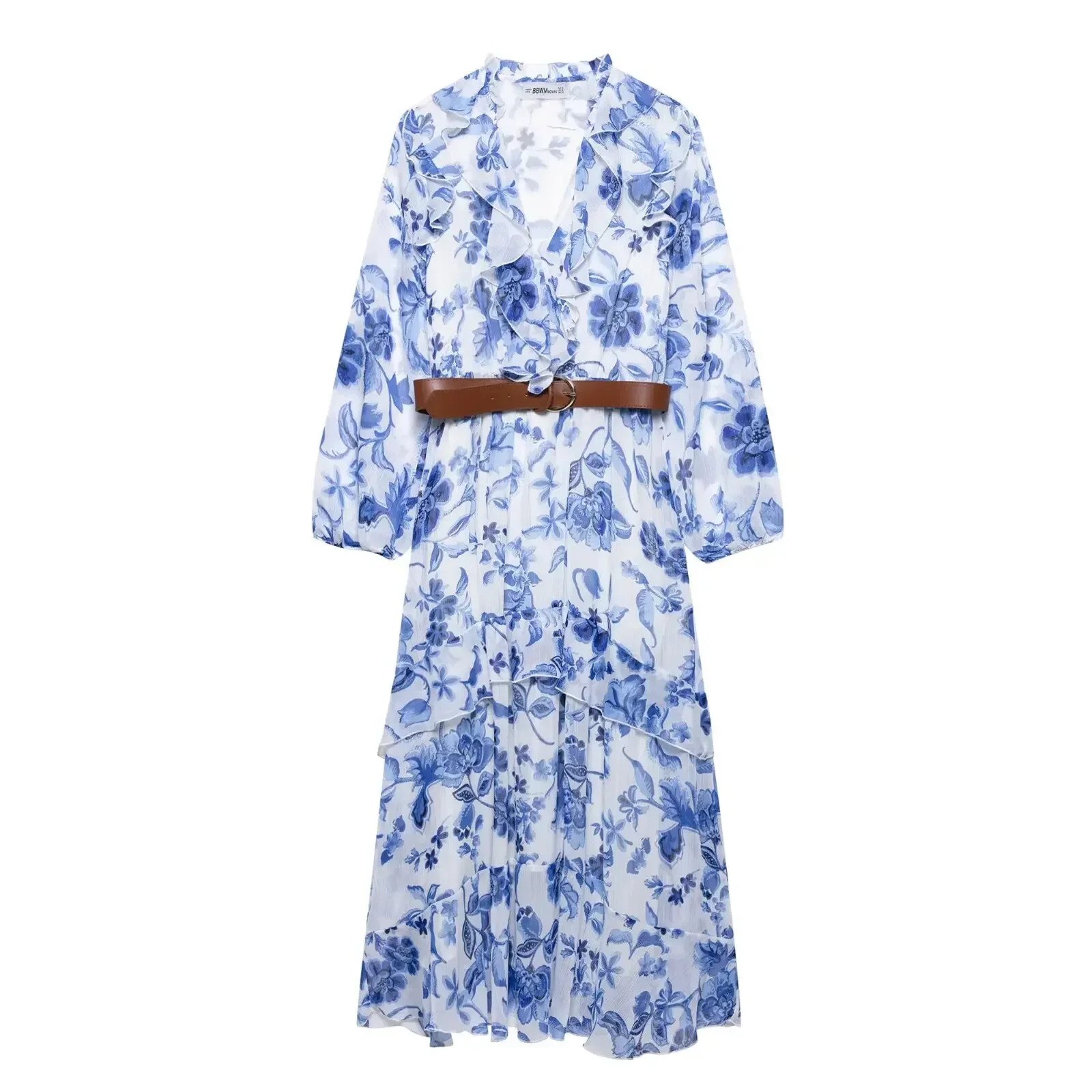 New Women Bohemian Blue Floral Print Belt Sashes Casual Midi Dress Female Chic Cascading Ruffles Vestidos
New Women Bohemian Blue Floral Print Belt Sashes Casual Midi Dress Female Chic Cascading Ruffles Vestidos