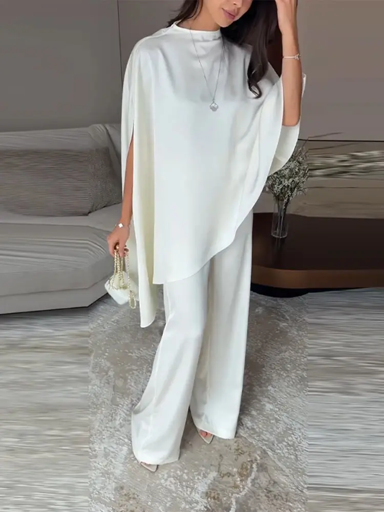 Loose Satin Asymmetric Top Pant Sets Women Fashion O-neck Shawl Blouses Wide Leg Trousers 2026 Summer Lady Holiday Beach Outfits
Loose Satin Asymmetric Top Pant Sets Women Fashion O-neck Shawl Blouses Wide Leg Trousers 2026 Summer Lady Holiday Beach Outfits