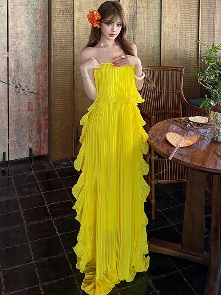 Women Solid Pleated Ruffled Casual Long Dress Summer Elegant Chic Chest Wrapping Sexy Dress 2026 Korean Elegant Festival Dresses
Women Solid Pleated Ruffled Casual Long Dress Summer Elegant Chic Chest Wrapping Sexy Dress 2026 Korean Elegant Festival Dresses