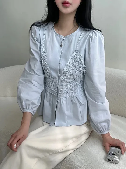 Blue Lace Hook Women's irt Gentle Ele Loose Sle Fake Two-Piece Spring Unique Top Korean Version Bubble Sve Long Sl...
Blue Lace Hook Women's irt Gentle Ele Loose Sle Fake Two-Piece Spring Unique Top Korean Version Bubble Sve Long Sl...