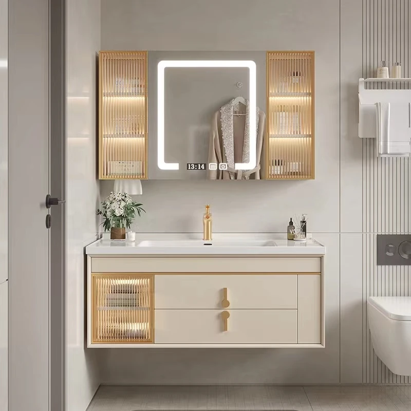 Light luxury bathroom cabinet combination oak bathroom washstand smart mirror cabinet integration
Light luxury bathroom cabinet combination oak bathroom washstand smart mirror cabinet integration