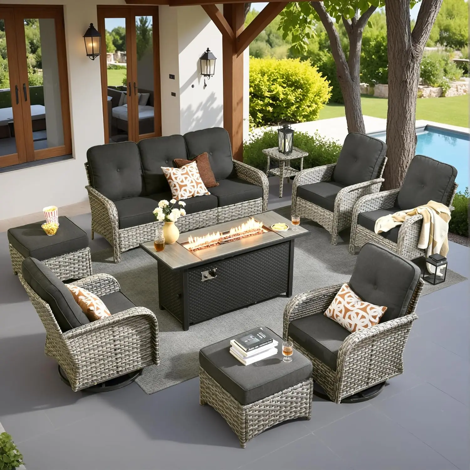 Комплект для патио из 9 предметов с 54-дюймовым столом-очагом, вращающимися креслами-качалками, пуфиком, для веранды, балкона, заднего двора, на заказ
Комплект для патио из 9 предметов с 54-дюймовым столом-очагом, вращающимися креслами-качалками, пуфиком, для веранды, балкона, заднего двора, на заказ