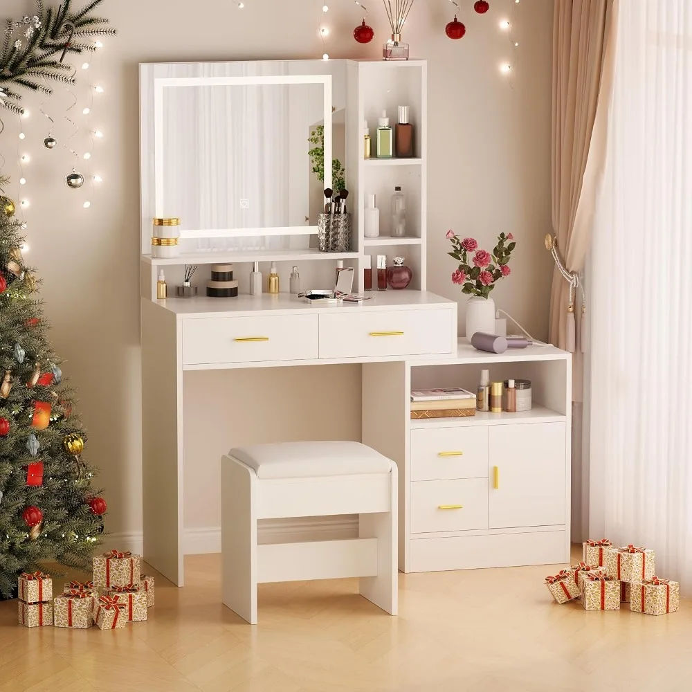 White Vanity Desk with Mirror and Lights,Makeup Vanity Set with 3 Colors Modes,Dressing Table with 4 Drawers Stool Pow
White Vanity Desk with Mirror and Lights,Makeup Vanity Set with 3 Colors Modes,Dressing Table with 4 Drawers Stool Pow