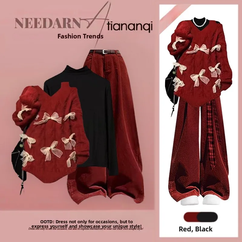 Winter College Sle Red Knitted Sweater Set for Women with Bow Tie over Wide Leg Pants Tee Piece Set Sweet And Faionable
Winter College Sle Red Knitted Sweater Set for Women with Bow Tie over Wide Leg Pants Tee Piece Set Sweet And Faionable
