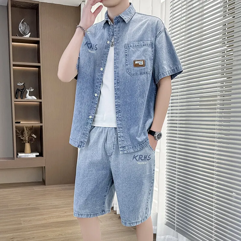 Summer Men Denim shirt Shorts Set Matching Shirts Shorts 2 Piece Outfits Short Sleeve Elastic Waist Thin Oversize Suit
Summer Men Denim shirt Shorts Set Matching Shirts Shorts 2 Piece Outfits Short Sleeve Elastic Waist Thin Oversize Suit