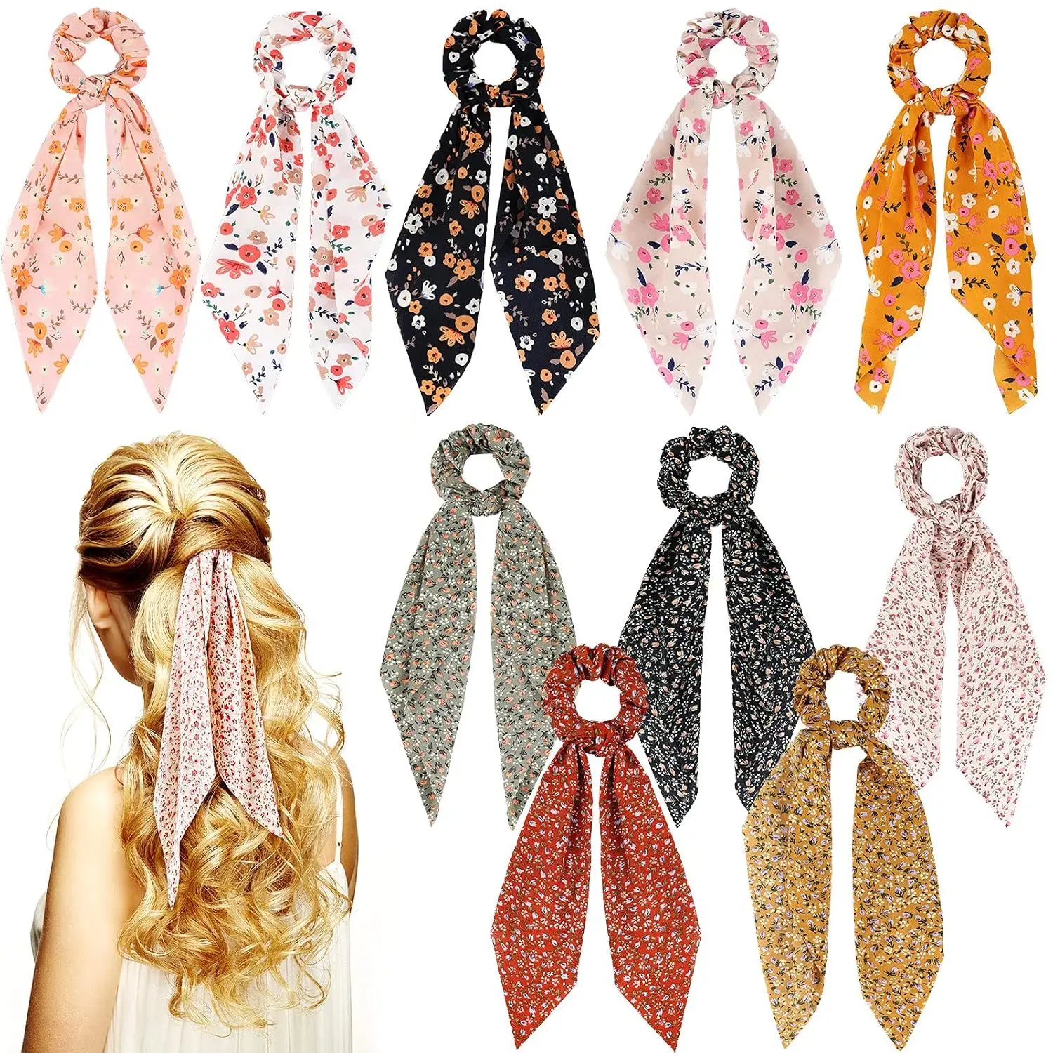 10 Pcs Floral Hair Scrunchies with Ribbon Bow, Elastic Ponytail Holders for Women, Boho Hair Ties 2-in-1
10 Pcs Floral Hair Scrunchies with Ribbon Bow, Elastic Ponytail Holders for Women, Boho Hair Ties 2-in-1