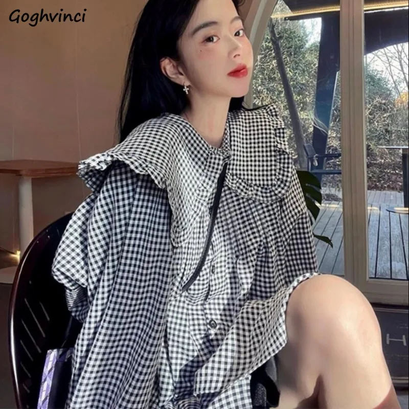Женские рубашки с длинным рукавом, универсальные клетчатые повседневные Модные свободные уютные весенние популярные топы с круглым воротником и оборками для колледжа 
Женские рубашки с длинным рукавом, универсальные клетчатые повседневные Модные свободные уютные весенние популярные топы с круглым воротником и оборками для колледжа