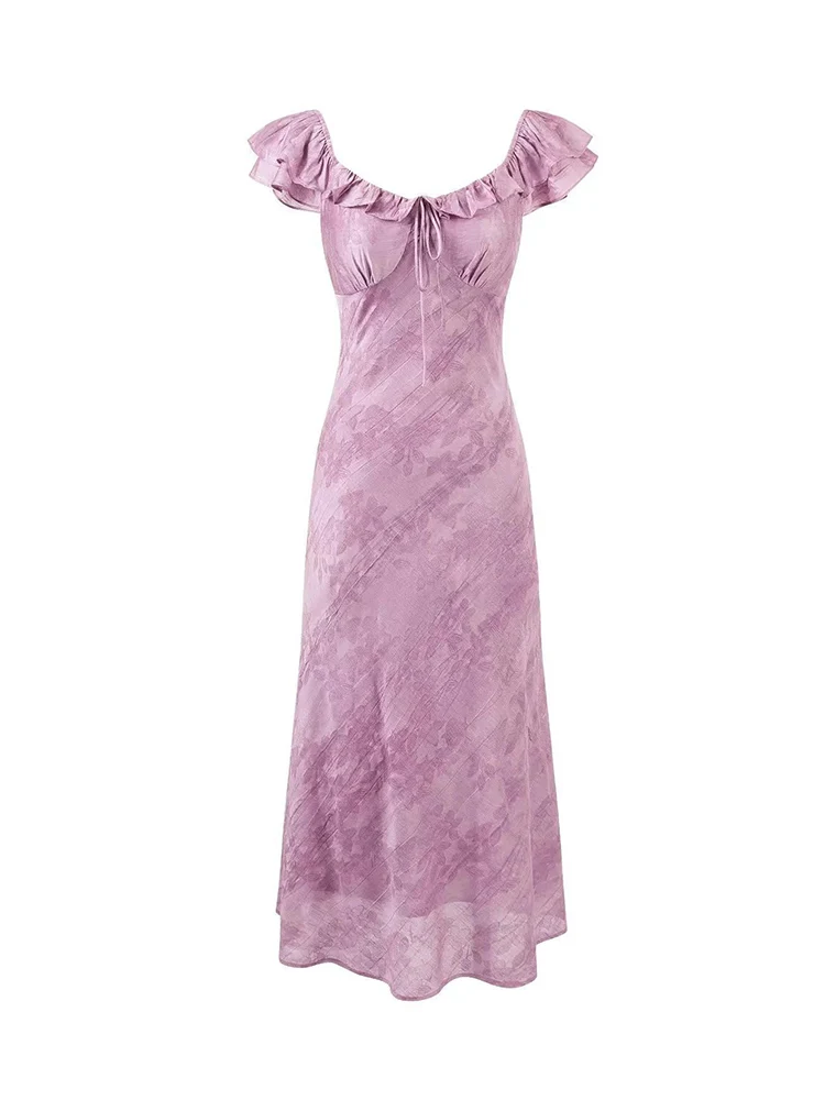 Summer Purple Jacquard Midi Dress Women Ruffles Slim Backless Elegant Dresses
Summer Purple Jacquard Midi Dress Women Ruffles Slim Backless Elegant Dresses