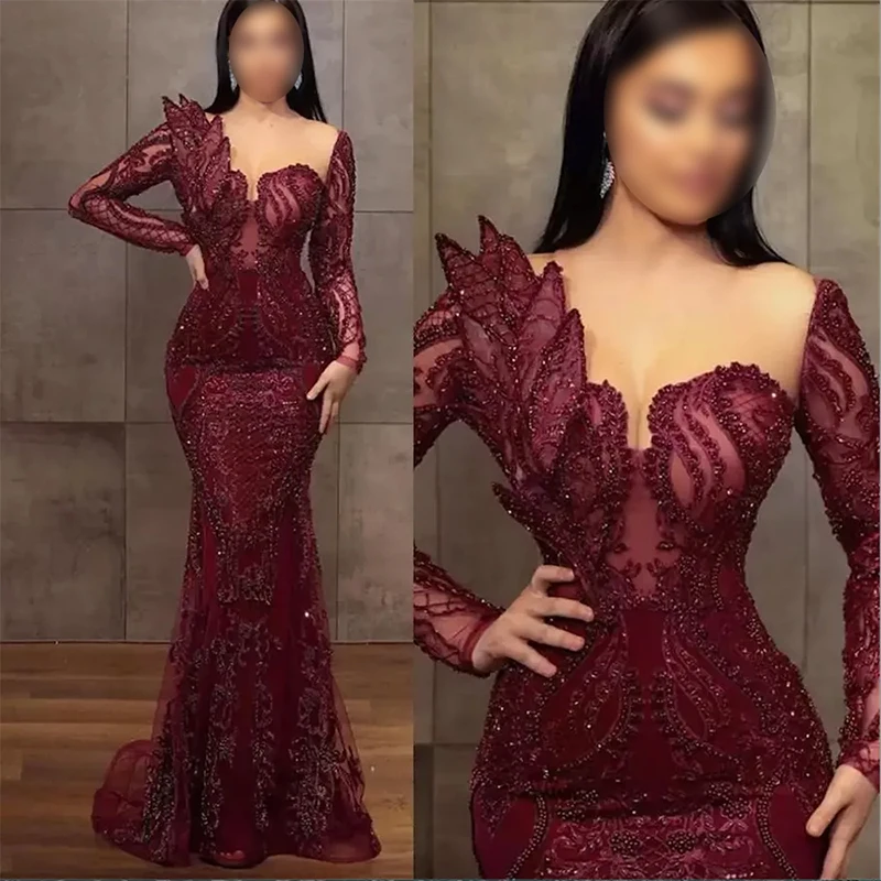 Customized Wine Red Square Neck Formal Evening Dresses Lace Printing Beaded Tulle Mermaid Prom Dresses فساتين سهرة
Customized Wine Red Square Neck Formal Evening Dresses Lace Printing Beaded Tulle Mermaid Prom Dresses فساتين سهرة