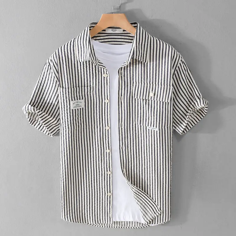 Summer Striped Double Pocket Short-sleeved Men's Chic Shirt Loose Bubble Texture Simple and Versatile Young Retro Men's Shirt
Summer Striped Double Pocket Short-sleeved Men's Chic Shirt Loose Bubble Texture Simple and Versatile Young Retro Men's Shirt