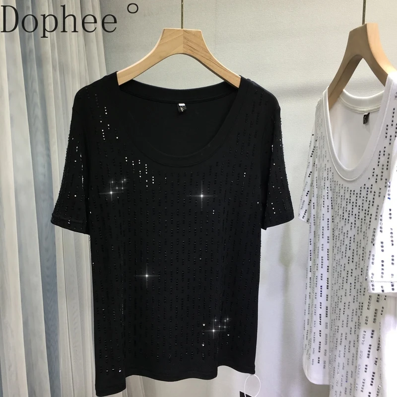 Shiny Full Diamond Hot Drilling Short Sleeve T-shirt All-match Spring Summer Cotton Basic Tees Solid Color O-neck Pullover Top
Shiny Full Diamond Hot Drilling Short Sleeve T-shirt All-match Spring Summer Cotton Basic Tees Solid Color O-neck Pullover Top
