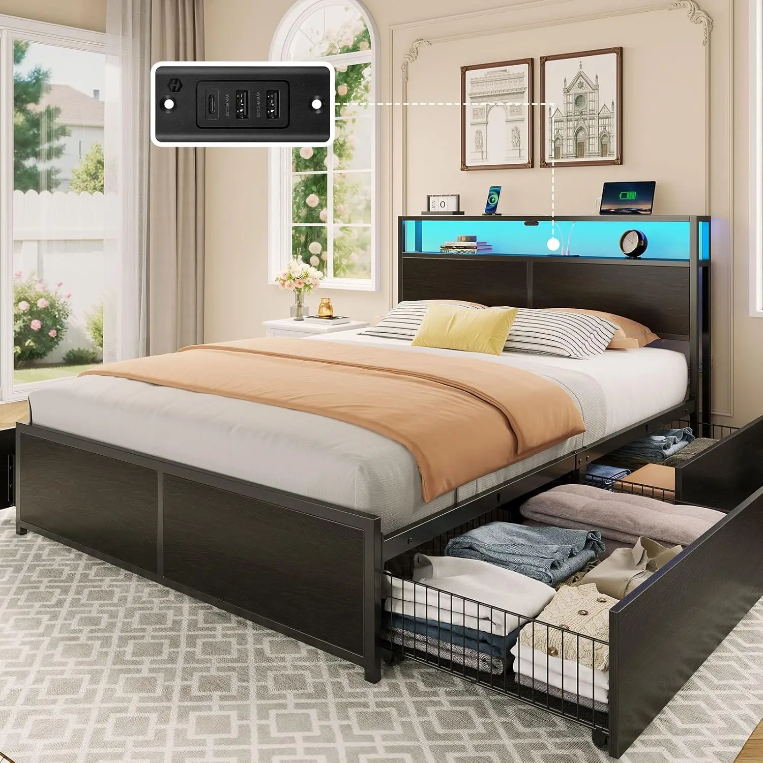 Full Size Bed Frame with 4 Storage Drawers & 2-Tier Storage Headboard, Metal Platform Bed Frame with Charging Station &
Full Size Bed Frame with 4 Storage Drawers & 2-Tier Storage Headboard, Metal Platform Bed Frame with Charging Station &