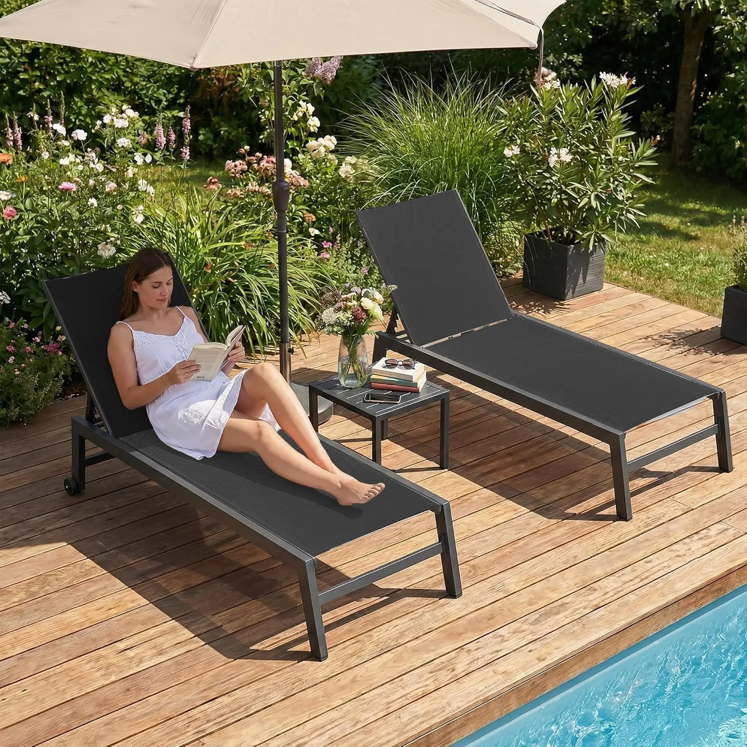 Oversized Patio Lounge Chairs Set 2 w/ Side Table Adjustable Aluminum Reclining Wheels Textilene Poolside Grey, Customized
Oversized Patio Lounge Chairs Set 2 w/ Side Table Adjustable Aluminum Reclining Wheels Textilene Poolside Grey, Customized