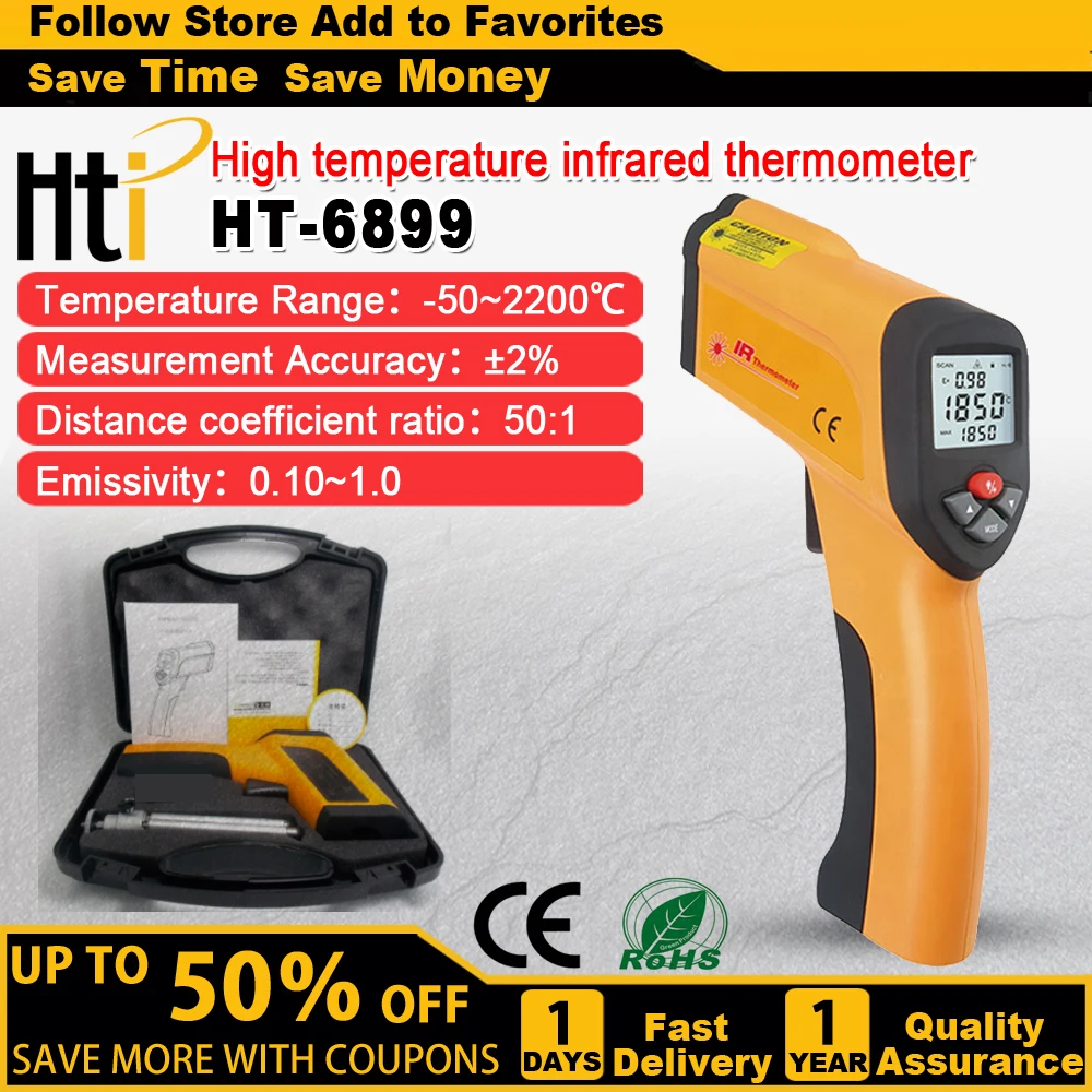 HTI HT-6899 Non Contact Infrared Thermometer Industrial -50 ~2200 Celsius Degree Range High Temperature
HTI HT-6899 Non Contact Infrared Thermometer Industrial -50 ~2200 Celsius Degree Range High Temperature