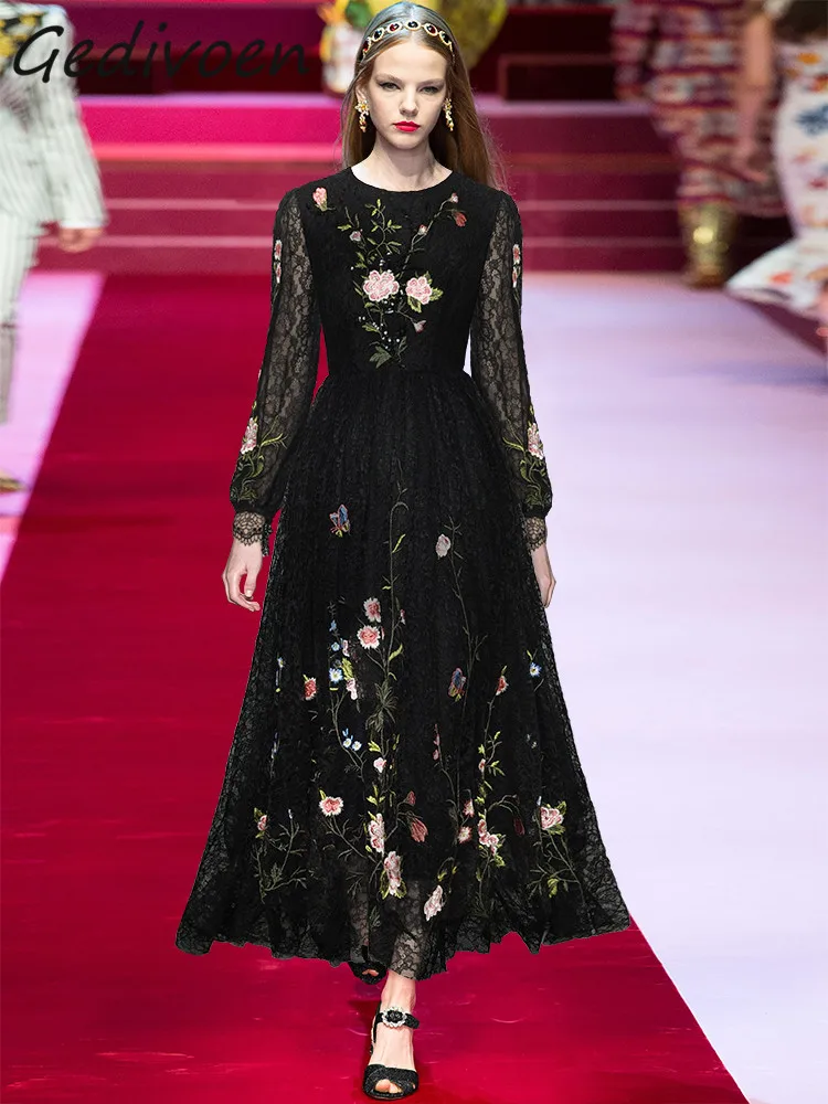 Gedivoen Summer Fashion Designer Black Vintage Lace Dress Women O-neck Long Sleeve Sequins Embroidery High Waist Slim Long Dress
Gedivoen Summer Fashion Designer Black Vintage Lace Dress Women O-neck Long Sleeve Sequins Embroidery High Waist Slim Long Dress