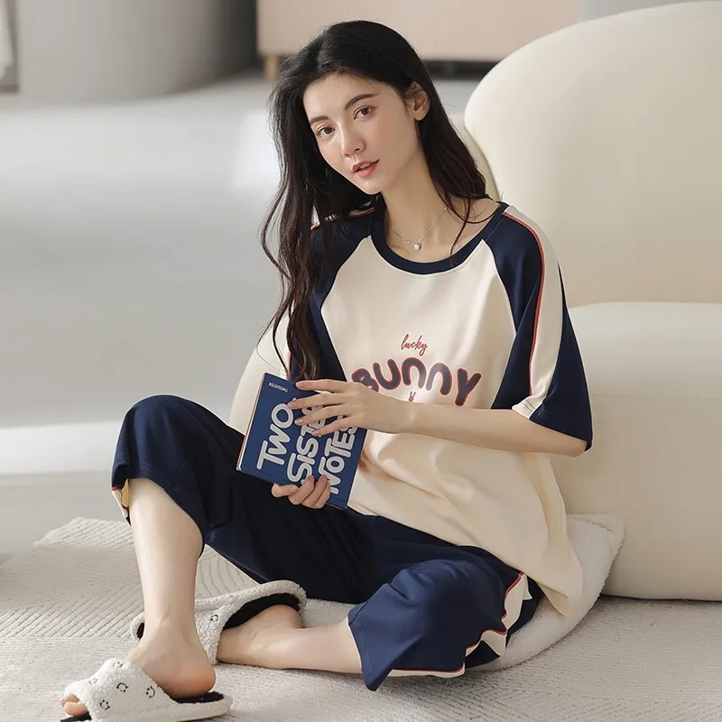 Women Cotton Pajamas Set Short Sleeve Calft Pant Home Suit for Young Girl Casual Pajama Korean Loose Stylish Breathable Summer
Women Cotton Pajamas Set Short Sleeve Calft Pant Home Suit for Young Girl Casual Pajama Korean Loose Stylish Breathable Summer