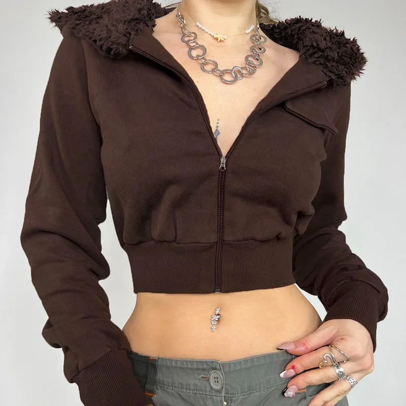 Y2K Vintage Zip Up Crop Jacket Brown Long Sleeve Patchwork Fur Hooded Women Coat Outfits Casual Outwear Spring Autumn
Y2K Vintage Zip Up Crop Jacket Brown Long Sleeve Patchwork Fur Hooded Women Coat Outfits Casual Outwear Spring Autumn