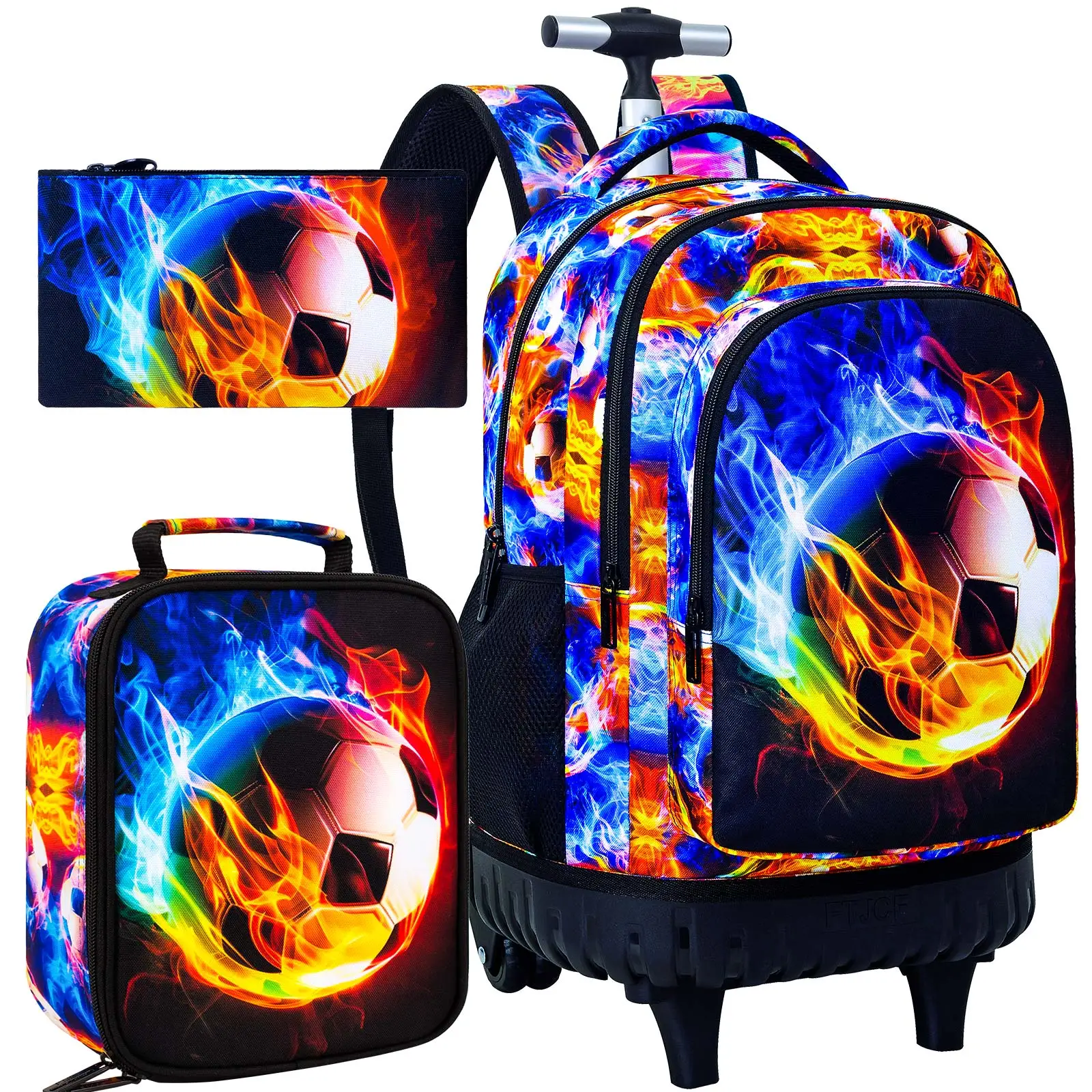 21 Inch Kids Rolling Backpack 3Pcs Set Flame Football Print Wheeled Trolley School Bag with Lunch Box Pencil Case for Boys
21 Inch Kids Rolling Backpack 3Pcs Set Flame Football Print Wheeled Trolley School Bag with Lunch Box Pencil Case for Boys