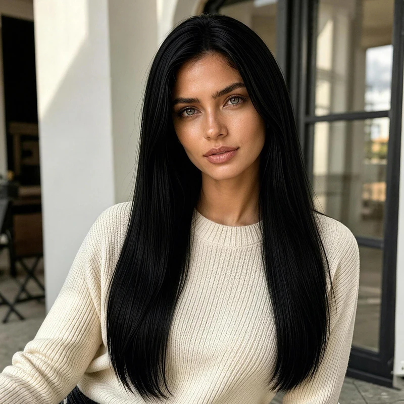 28-inch black straight center-parted heat-resistant synthetic wig, suitable for everyday wear, parties, cosplay and other occasi
28-inch black straight center-parted heat-resistant synthetic wig, suitable for everyday wear, parties, cosplay and other occasi