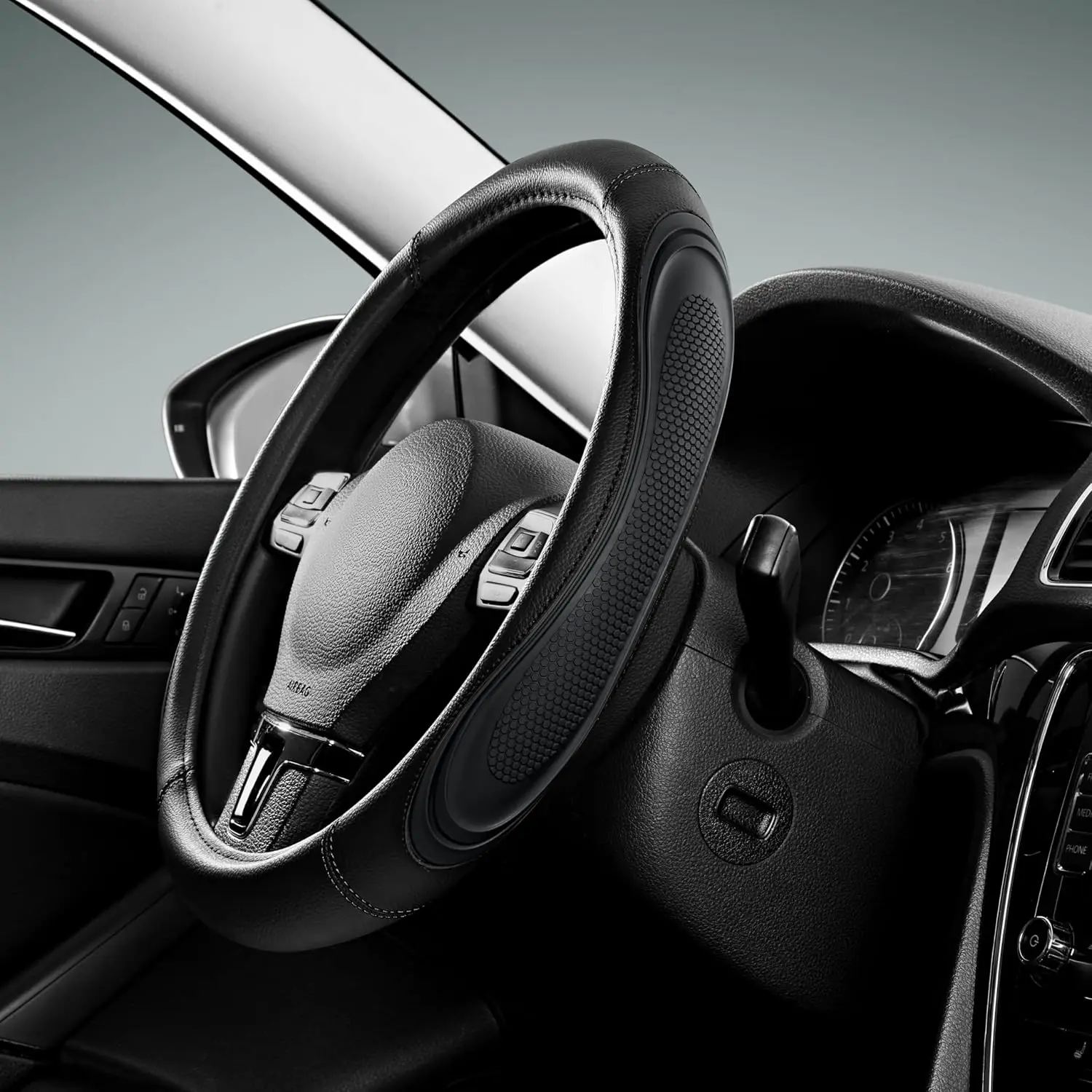 Microfiber Leather Steering Wheel Cover with Massage Feature, Non-Slip Fit for 14.5-15 Inch Wheels in Black
Microfiber Leather Steering Wheel Cover with Massage Feature, Non-Slip Fit for 14.5-15 Inch Wheels in Black