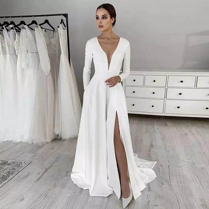 GUXQD A Line White Satin Wedding Dresses Long Sleeves V Neck Prom Party Gowns Vestido De Noche robes de soirée Abendkleider
GUXQD A Line White Satin Wedding Dresses Long Sleeves V Neck Prom Party Gowns Vestido De Noche robes de soirée Abendkleider
